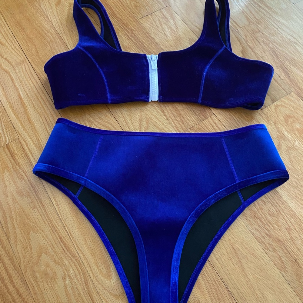 Velvet Zip-Front Bikini Set in Deep Blue